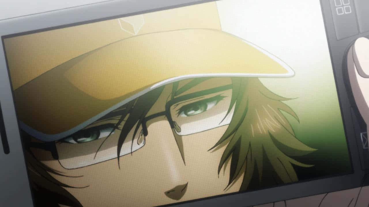 Itaru Hashida 桌布 壁紙 — 手持裝置屏幕上顯示的動漫角色特寫，擁有綠色眼睛和眼鏡。