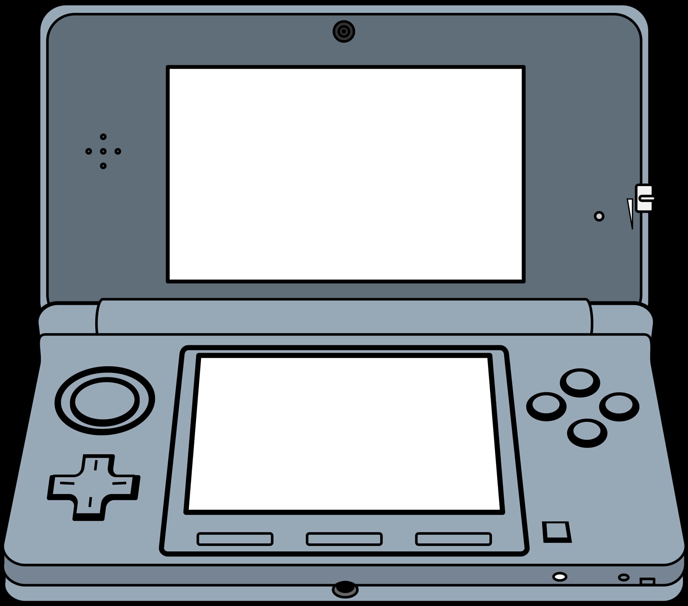 手持遊戲主機插畫 壁紙 — 灰色任天堂DS手提遊戲機，配備空白屏幕和黑色輪廓，背景為白色。