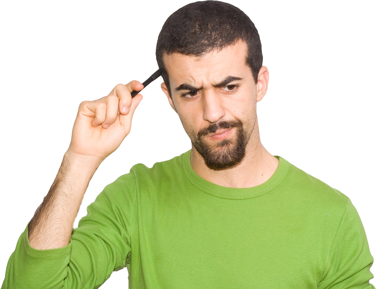 手持鋼筆沉思的男子 壁紙 — 一名身穿綠色襯衫的男子，在白色背景前，將筆抵在太陽穴，表情煩惱或陷入深思。
