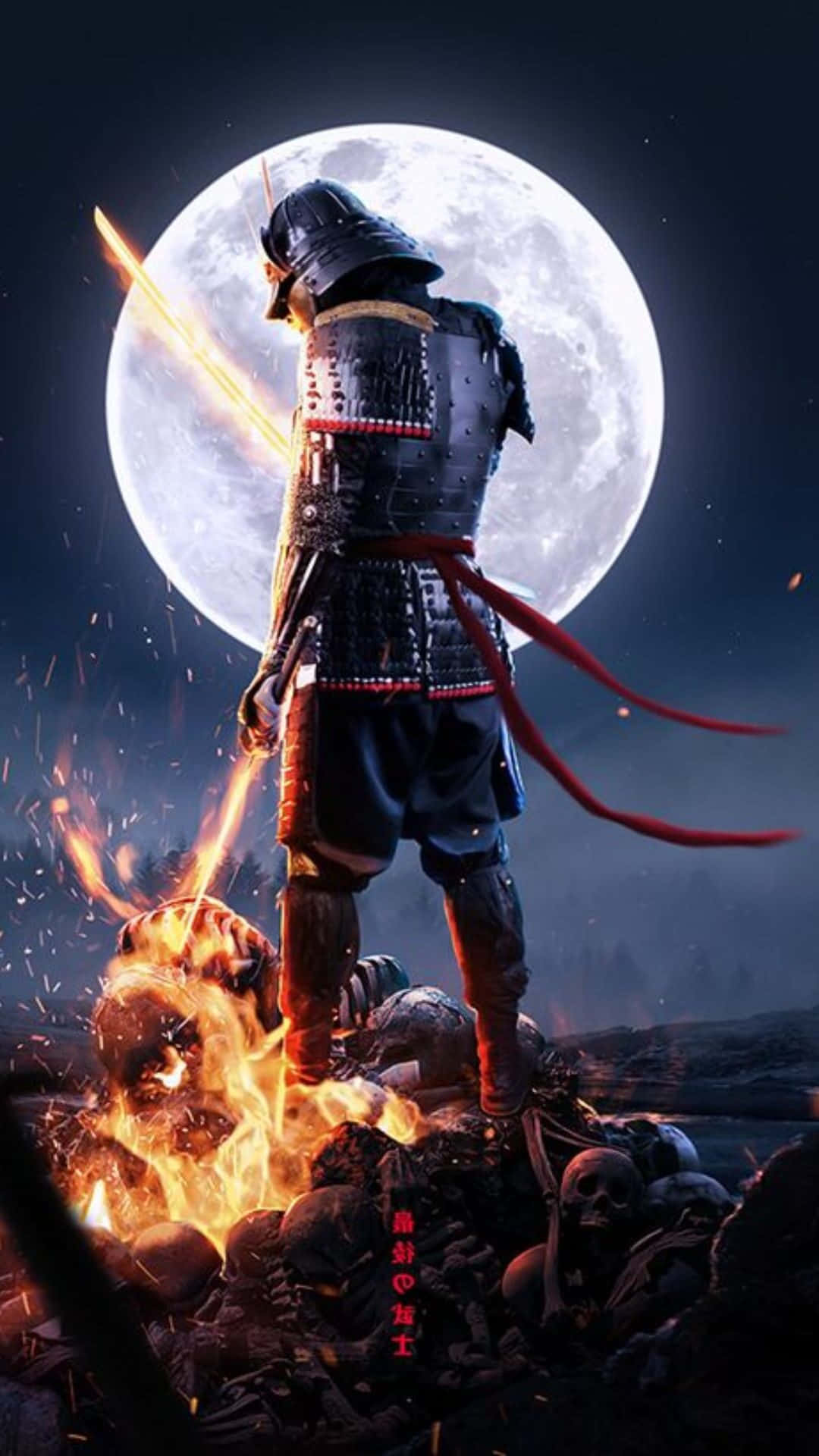 武士戰士站在頭骨上，在滿月下手持火焰劍。