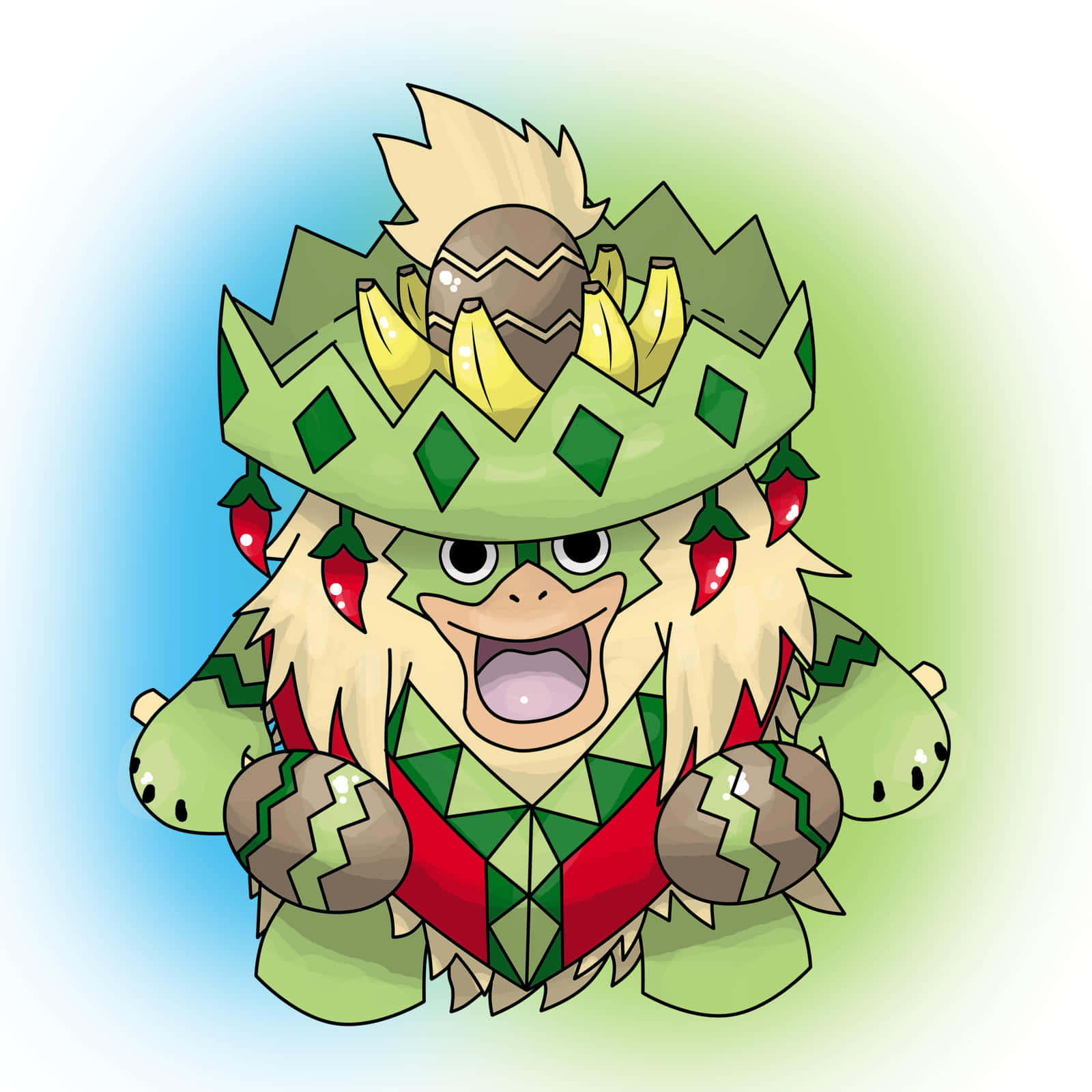 手持雙支棕色馬拉卡斯的 Ludicolo 壁紙 — 一個快樂的卡通生物，戴著綠色葉冠，紅色辣椒，張大嘴巴，背景是柔和的藍綠色漸變。