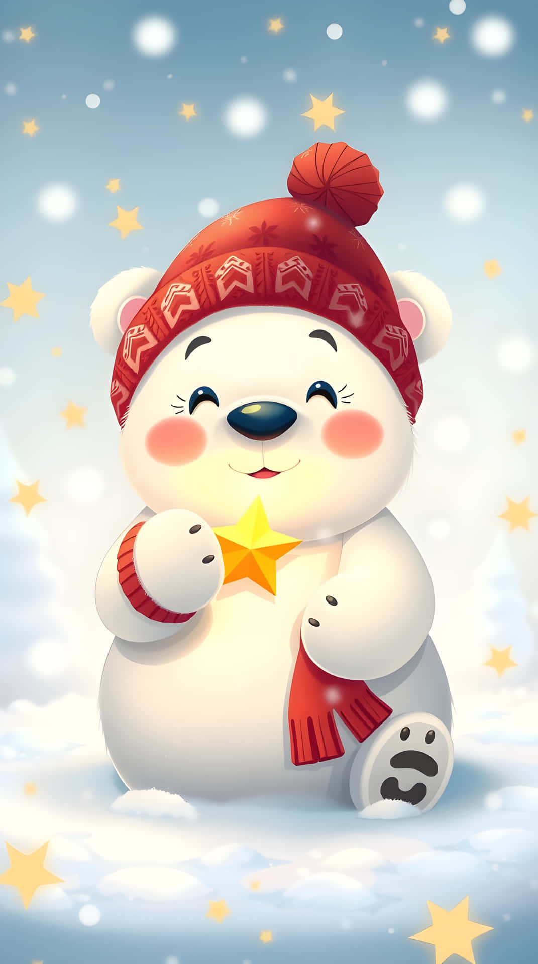 戴紅帽的可愛北極熊在雪景中抱著發光星星