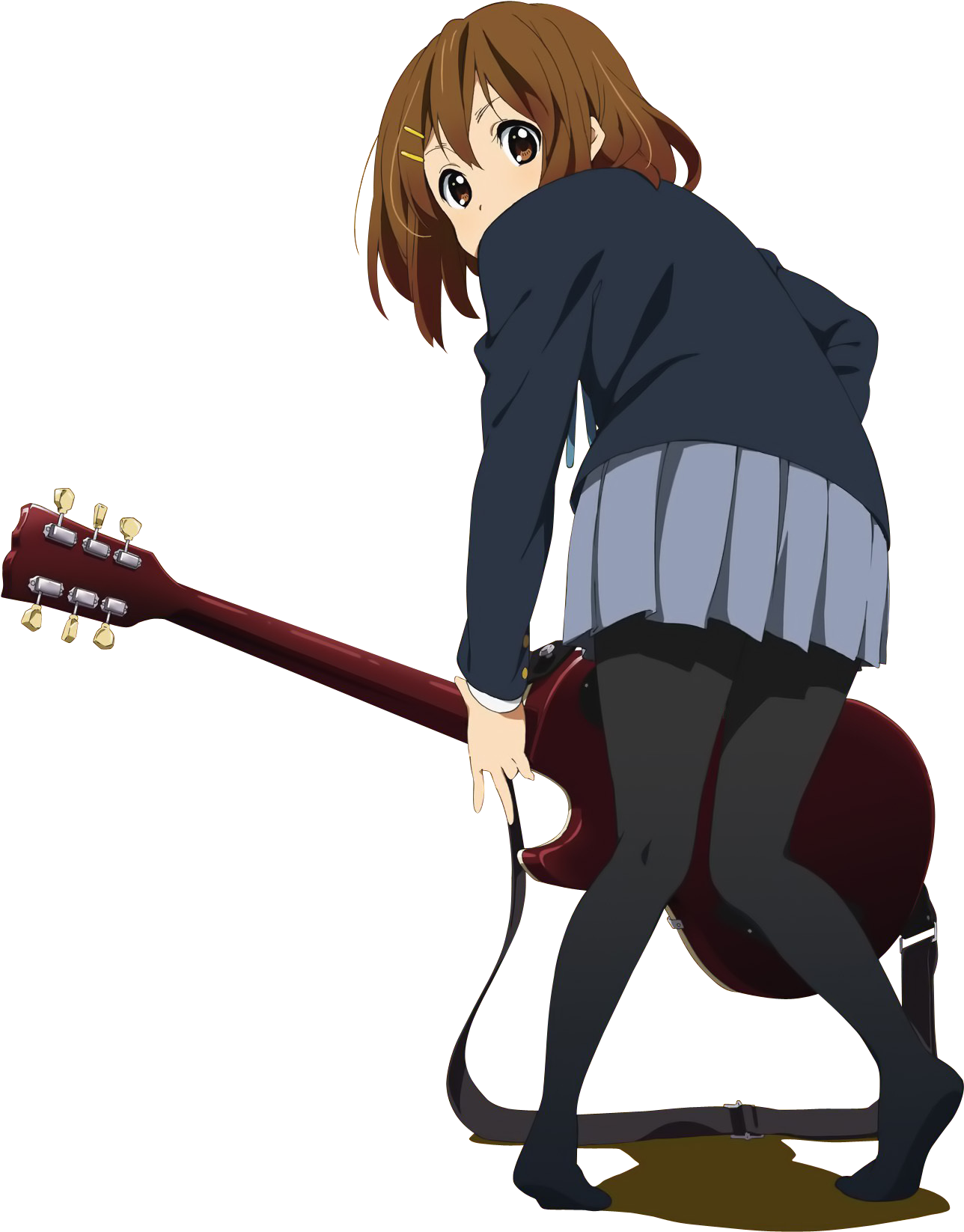 手持電吉他動漫少女 壁紙 — 動畫女孩，棕色頭髮，穿著校服，在黑色背景前拿著紅色電結他。