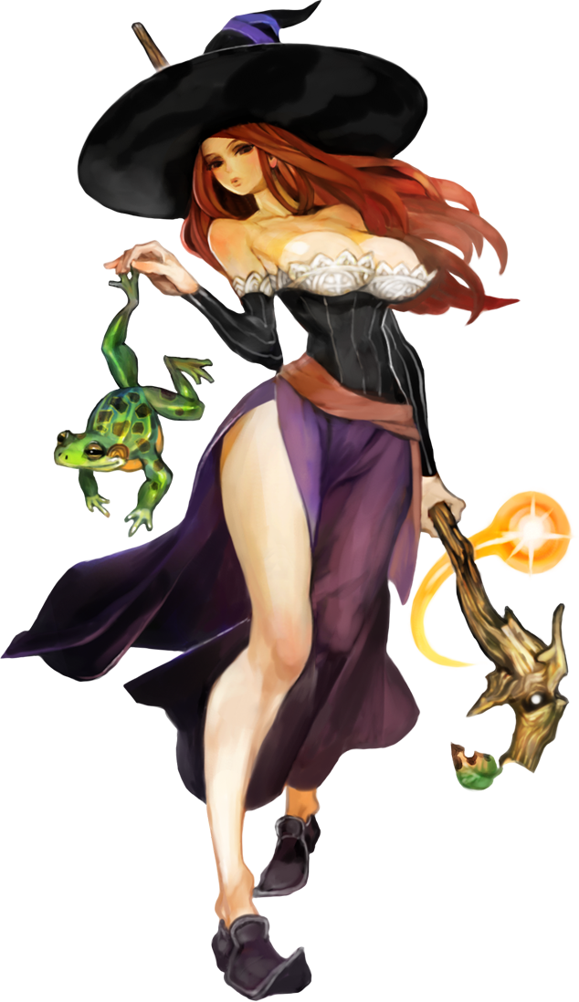 手持青蛙的魔法女巫 壁紙 — 一位豐滿的動漫女巫，戴著黑色帽子，穿著紫色裙子，手持發光法杖，旁邊有一隻綠色青蛙。