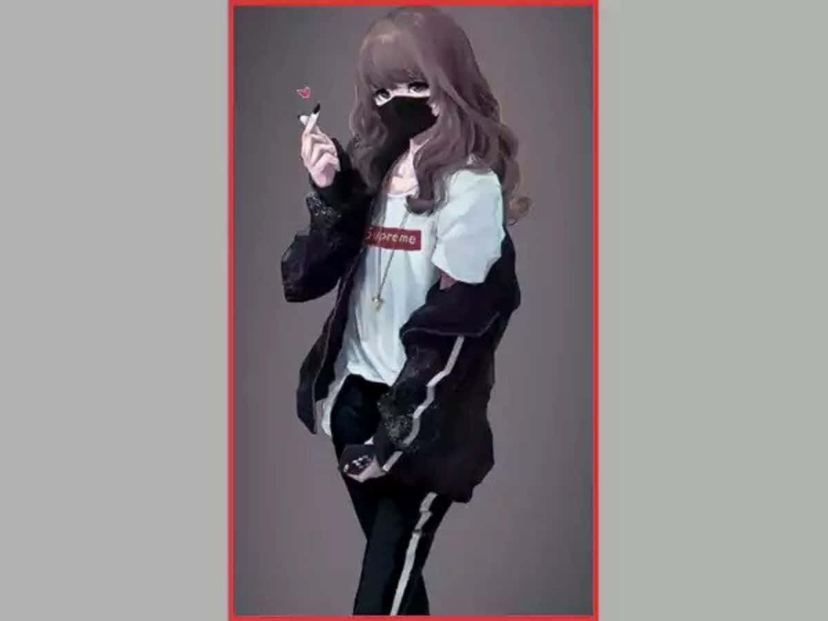 戴黑色口罩、穿Supreme襯衫的動漫女孩在工作室手持香煙。