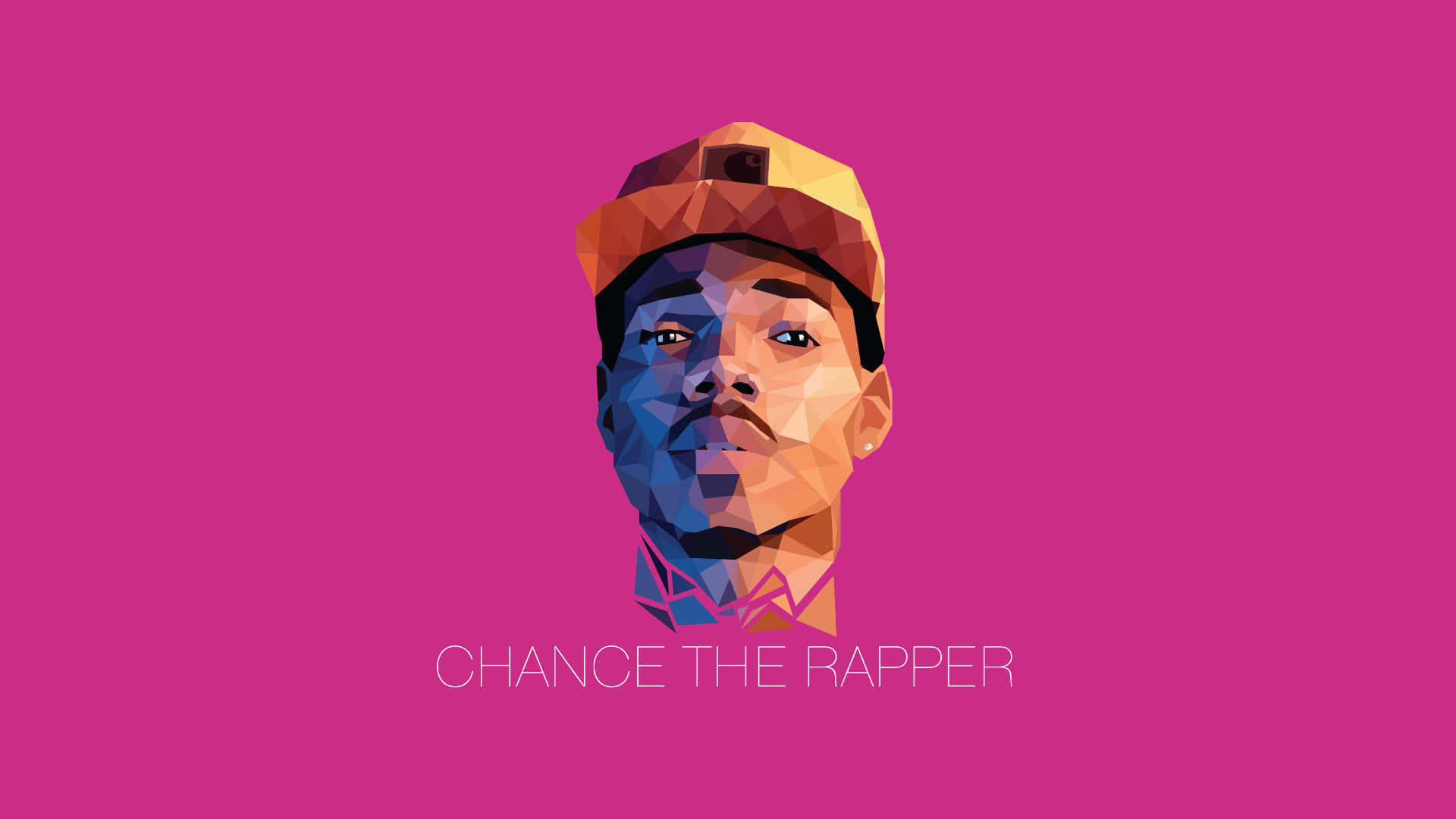 手持麥克風的酷炫饒舌歌手 壁紙 — Chance the Rapper 的風格化多邊形肖像，背景為充滿活力的粉紅色，下方有其名字。