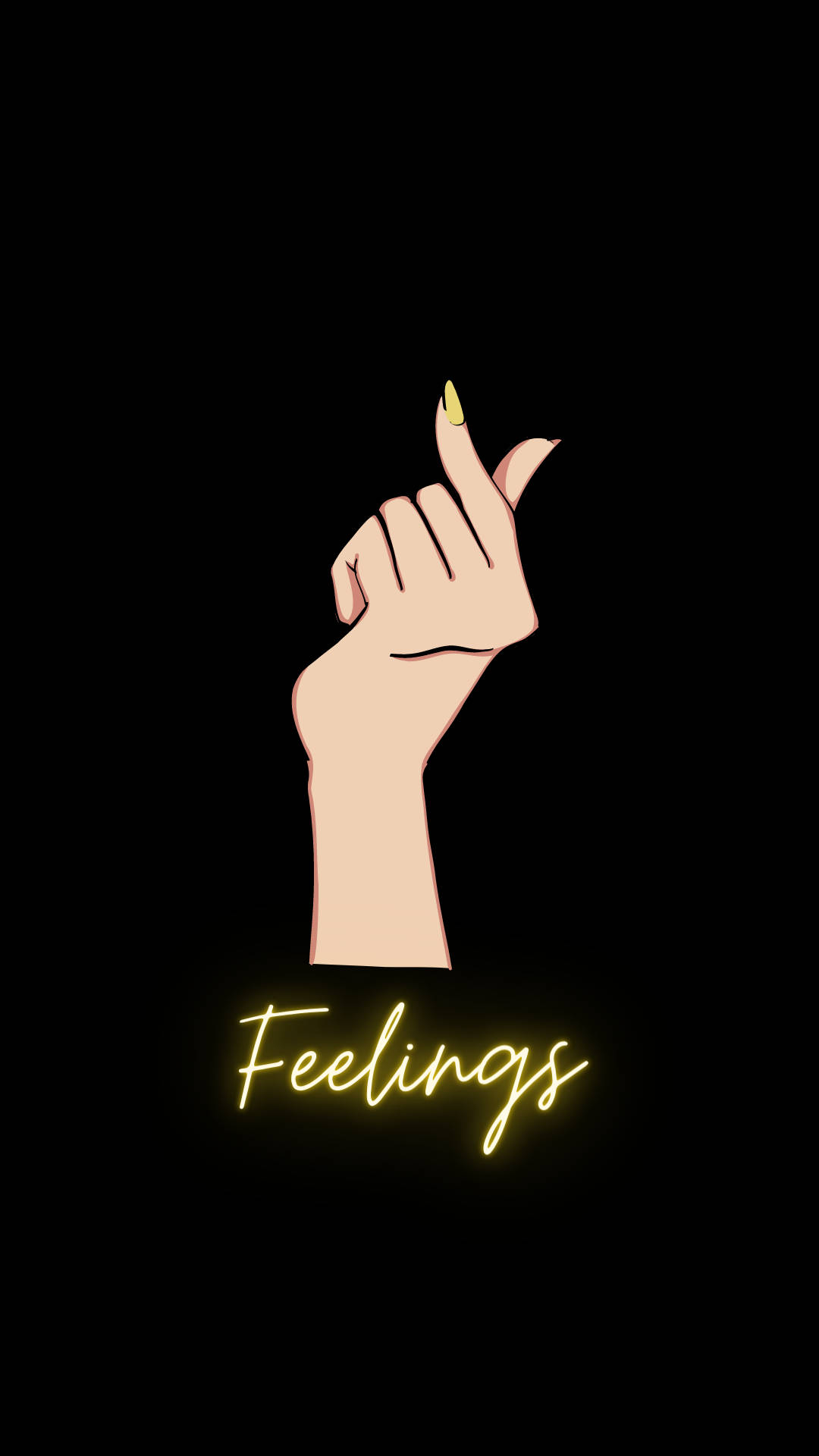一隻塗上黃色指甲油的手指向上，帶有發光的黃色文字 'Feelings' 在黑色背景上。