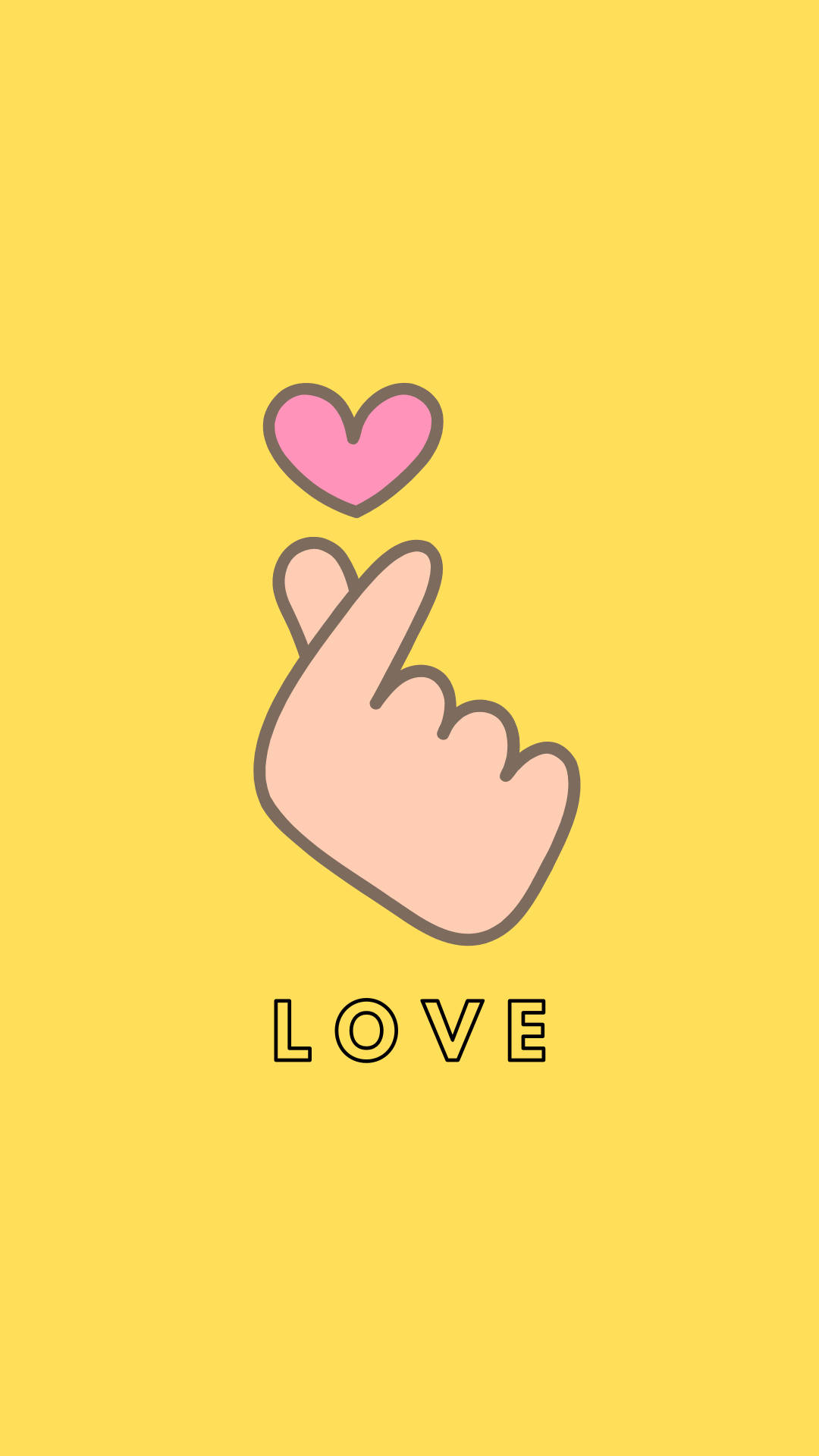 手勢與漂浮的心形，黃色背景上有love字樣
