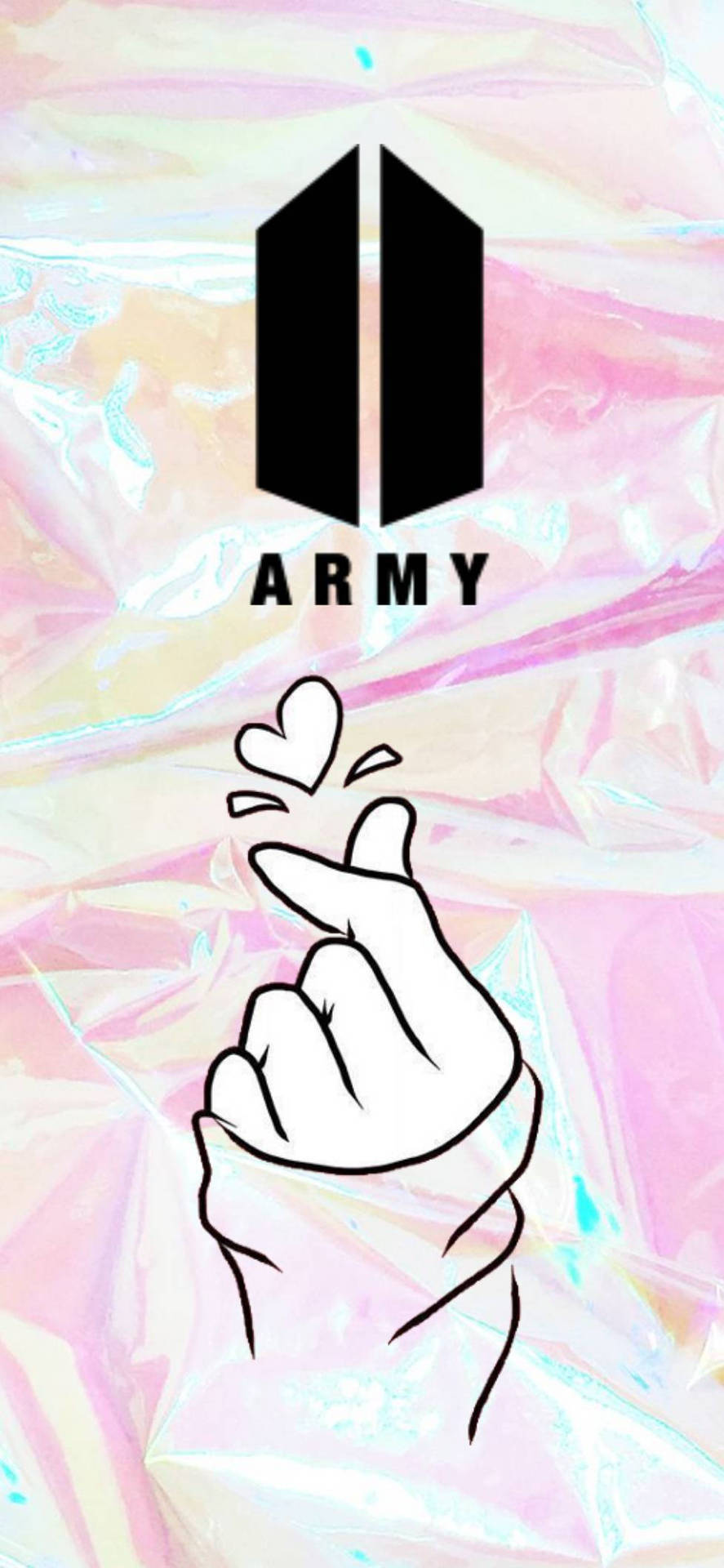 手做出心形手勢，搭配漂浮的心形和BTS ARMY標誌，背景為箔紙
