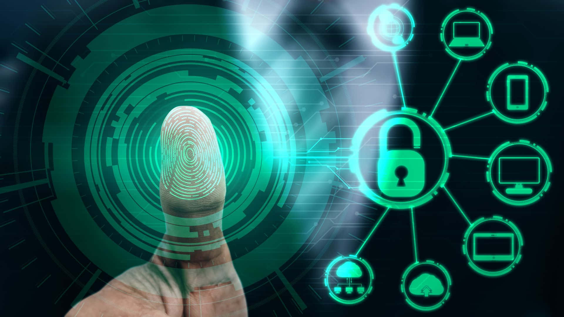 Fingerprint 桌布 壁紙 — 手指掃描發光的綠色未來感介面，解鎖數碼裝置和雲端系統。