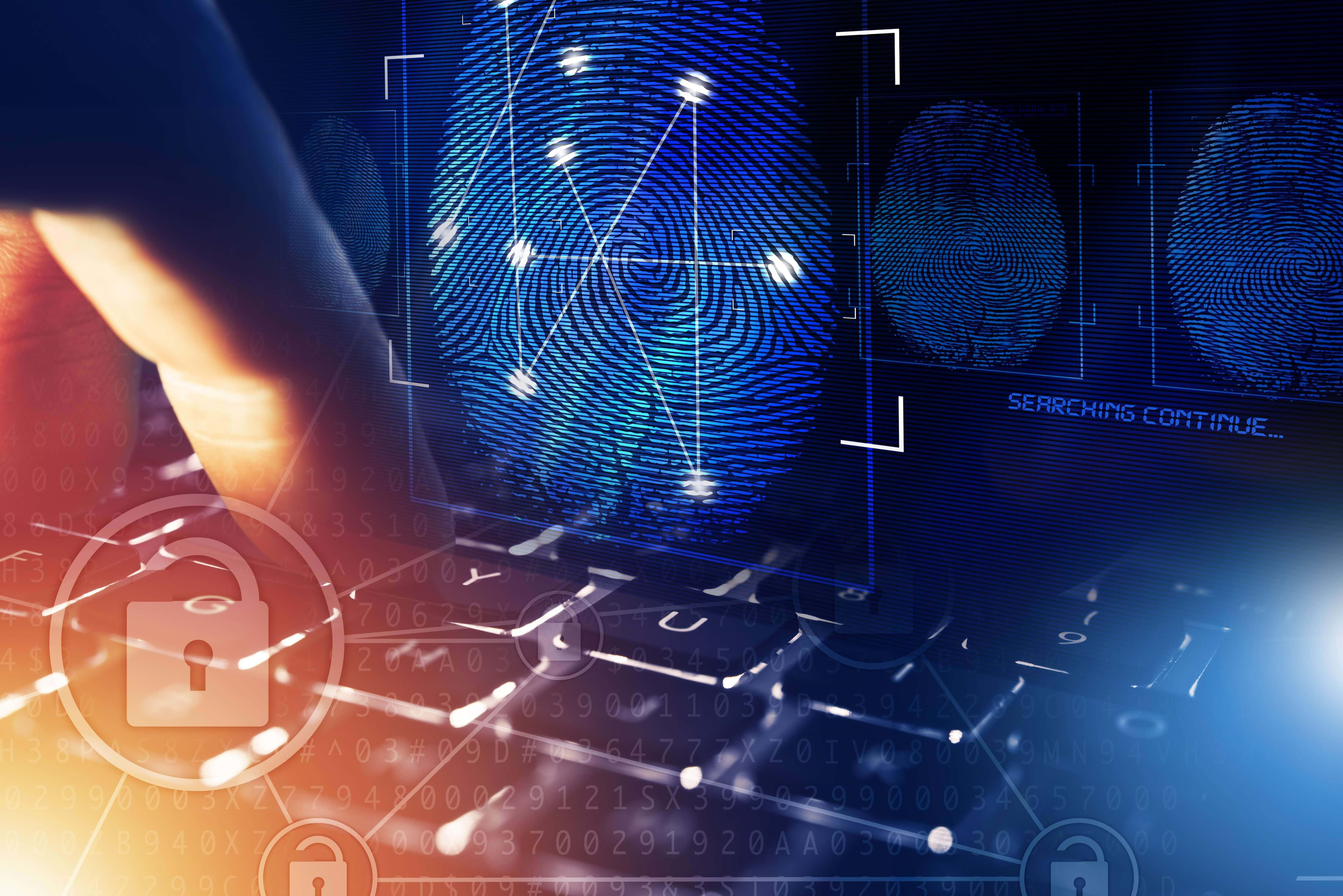 Data Management 桌布 壁紙 — 手指掃描鍵盤上發光的藍色指紋讀取器，帶有數碼鎖和搜索覆蓋層。