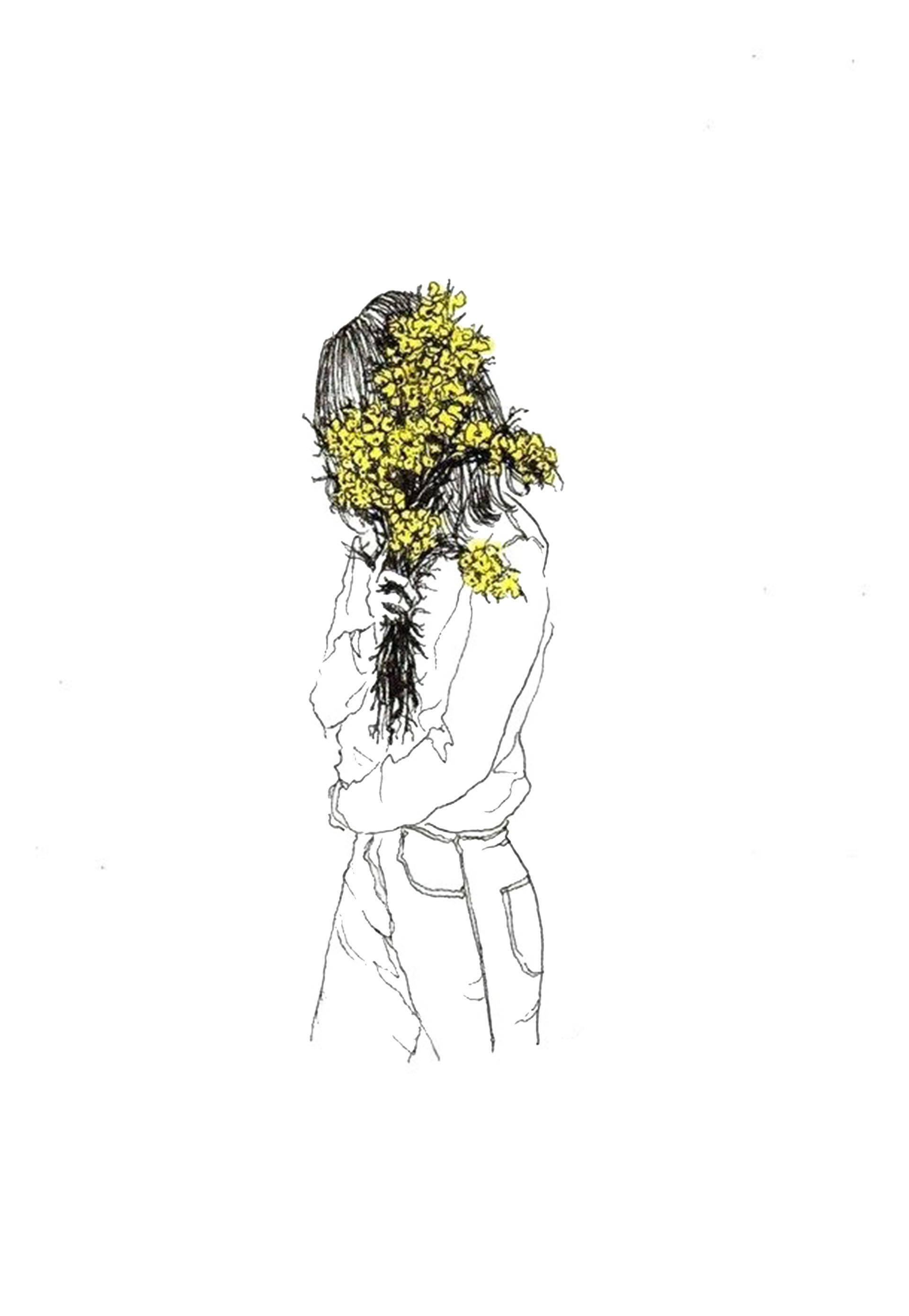 手捧花束女孩傷心畫像 壁紙 — 一名身穿白恤衫的人手持一束鮮豔的黃色花束，遮蓋了他們的臉龐，背景是純白色。