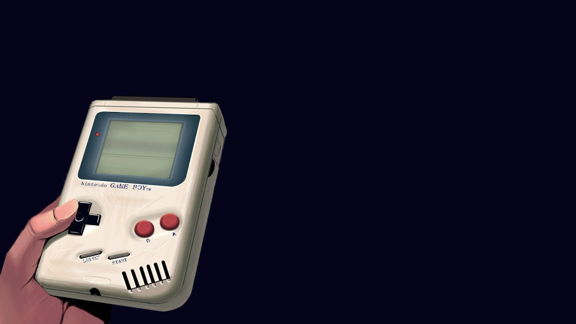 手握復古任天堂Game Boy 壁紙 — 一隻手喺深色背景前揸住一部白色嘅Nintendo Game Boy，上面有紅色按鈕。
