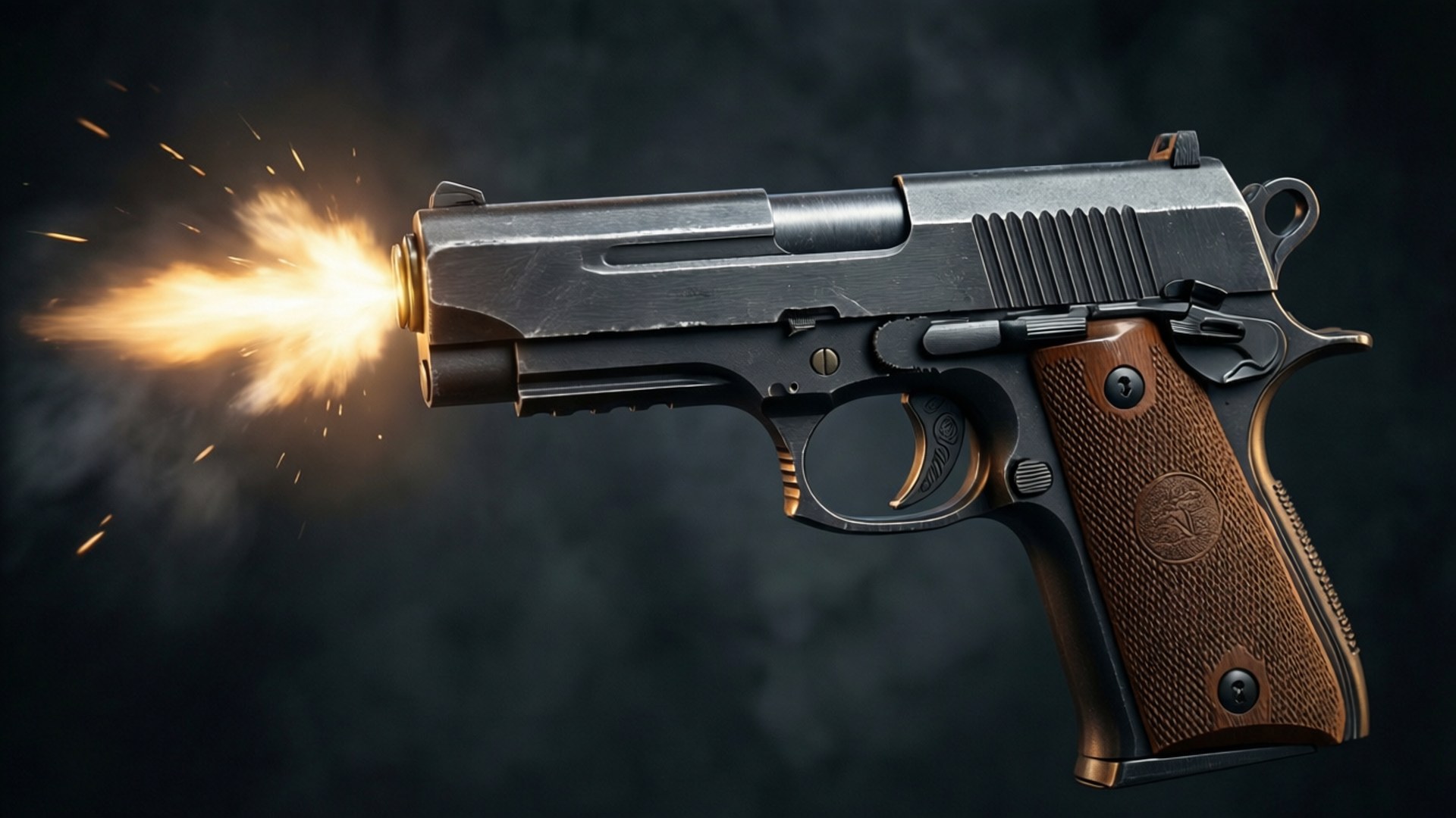 手槍 muzzle flash 壁紙 — 一把細節清晰的手槍在黑暗煙霧背景中發射，伴隨著明亮的槍口閃光和火花。