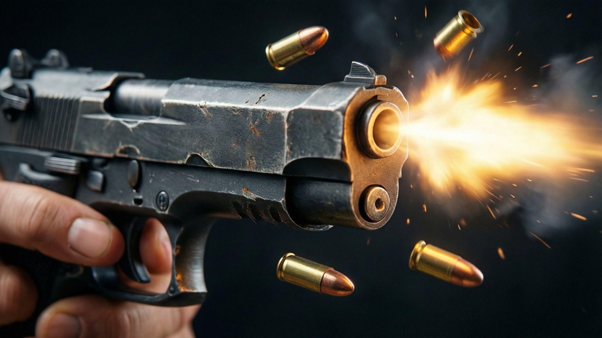 手握手槍射擊，帶有子彈和火花