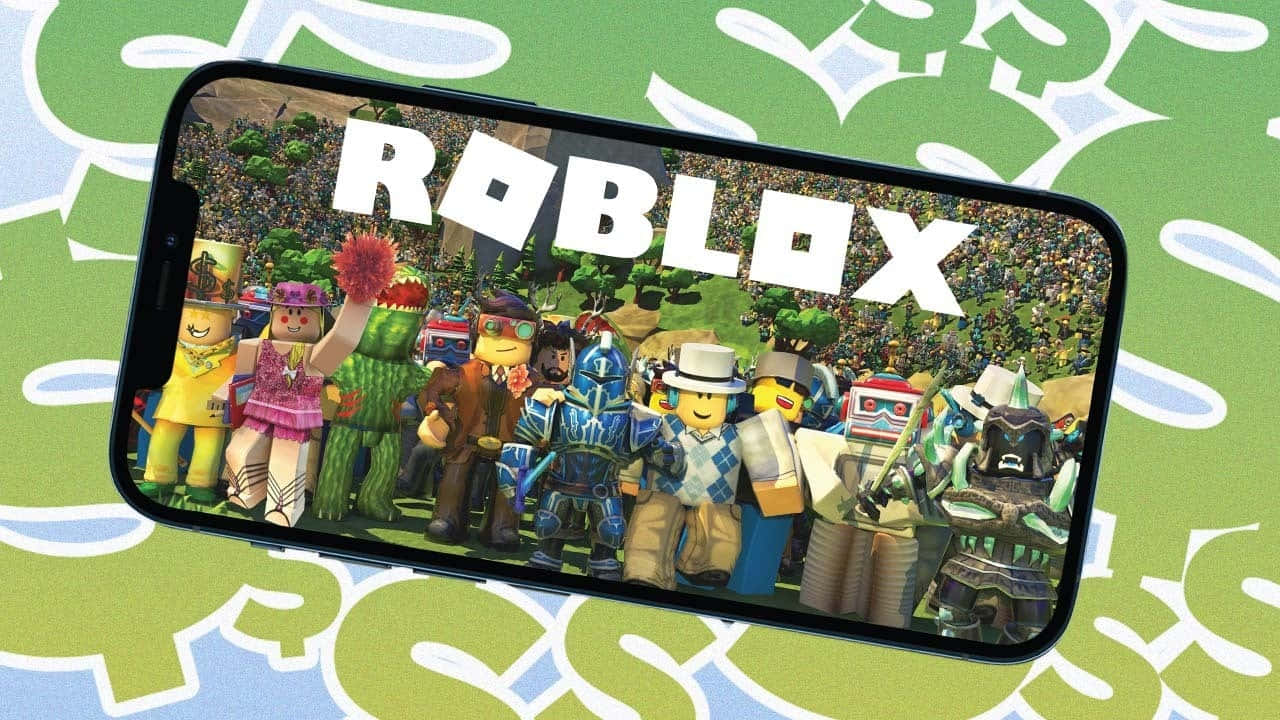 智能手機顯示 Roblox 遊戲，方塊頭像在綠色塗鴉背景上。