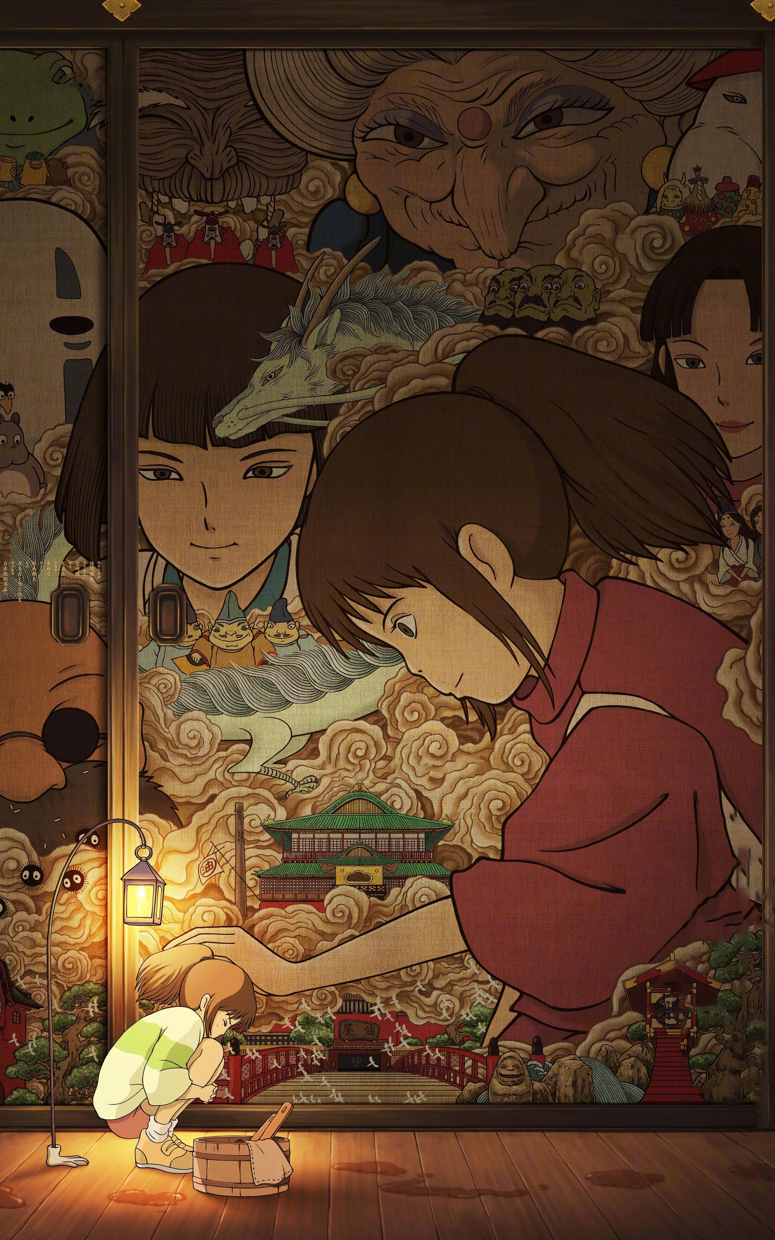 手機壁紙：千與千尋 壁紙 — 一位身穿紅色和服的少女輕輕觸摸發光的燈籠，而龍和靈魂從傳統的日本屏風觀看。