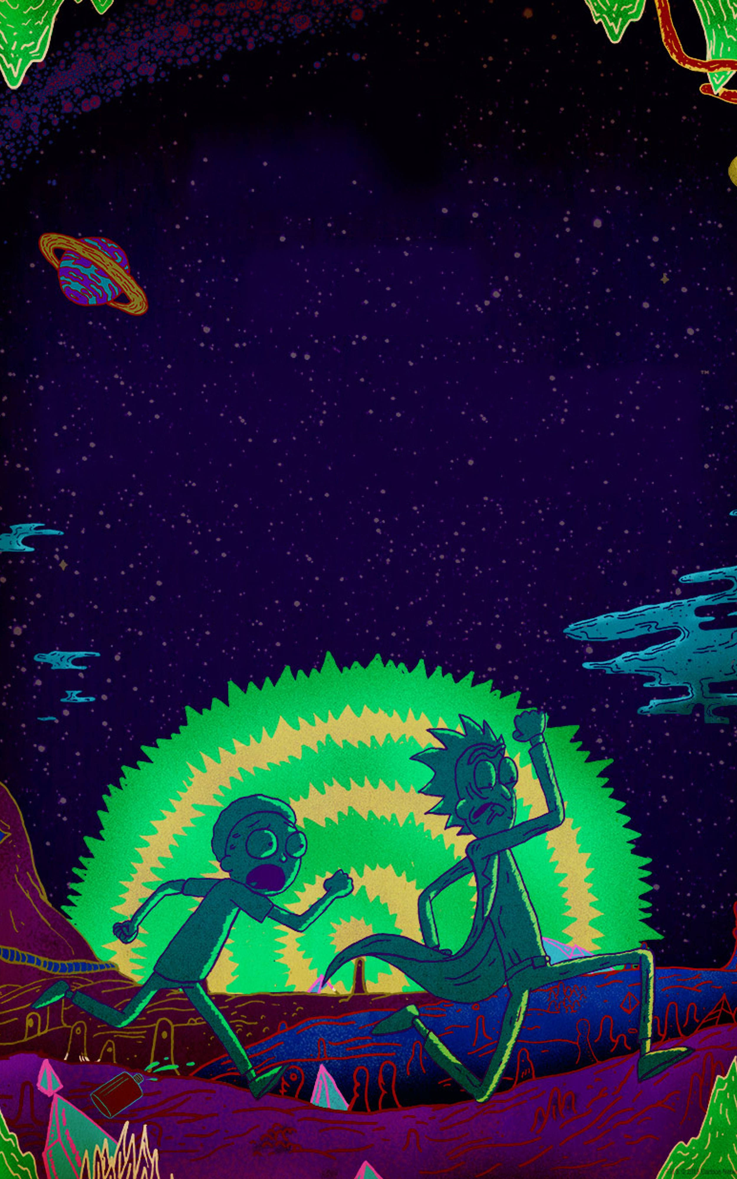 手機壁紙：瑞克和莫蒂 壁紙 — 兩個卡通角色在星空紫色天空下，穿過超現實的外星景觀，有發光的綠色太陽和漂浮的行星。