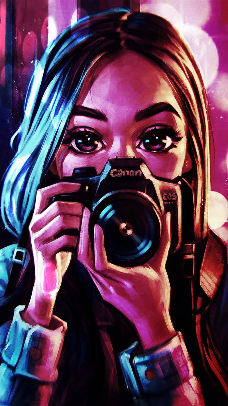 手機女孩攝影師圖案 壁紙 — 一幅風格化的數碼插圖，描繪一位藍髮年輕女子在充滿活力的霓虹背景前，將佳能相機舉到臉前。