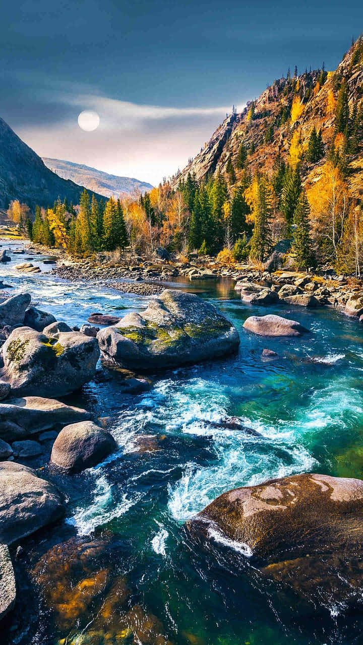 手機用美麗山河圖 壁紙 — 一條充滿活力的河流在明亮的月光下，流過長滿青苔的岩石，穿過森林覆蓋的山谷。