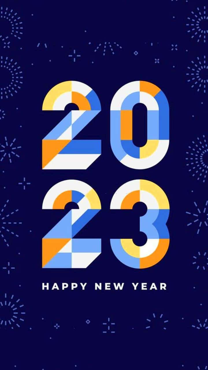 深藍色背景上帶有彩色幾何數字和星爆圖案的新年2023圖形