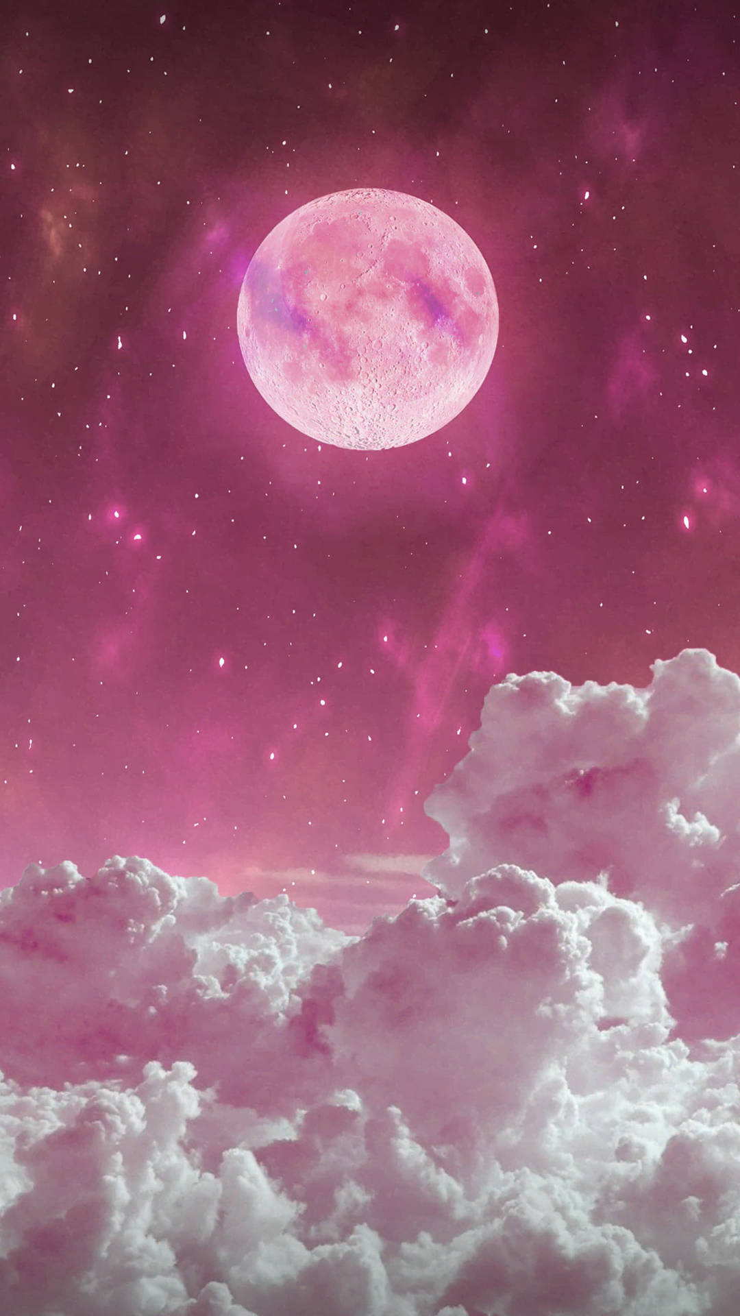 繁星點點的宇宙天空中雲朵上方的粉紅月亮