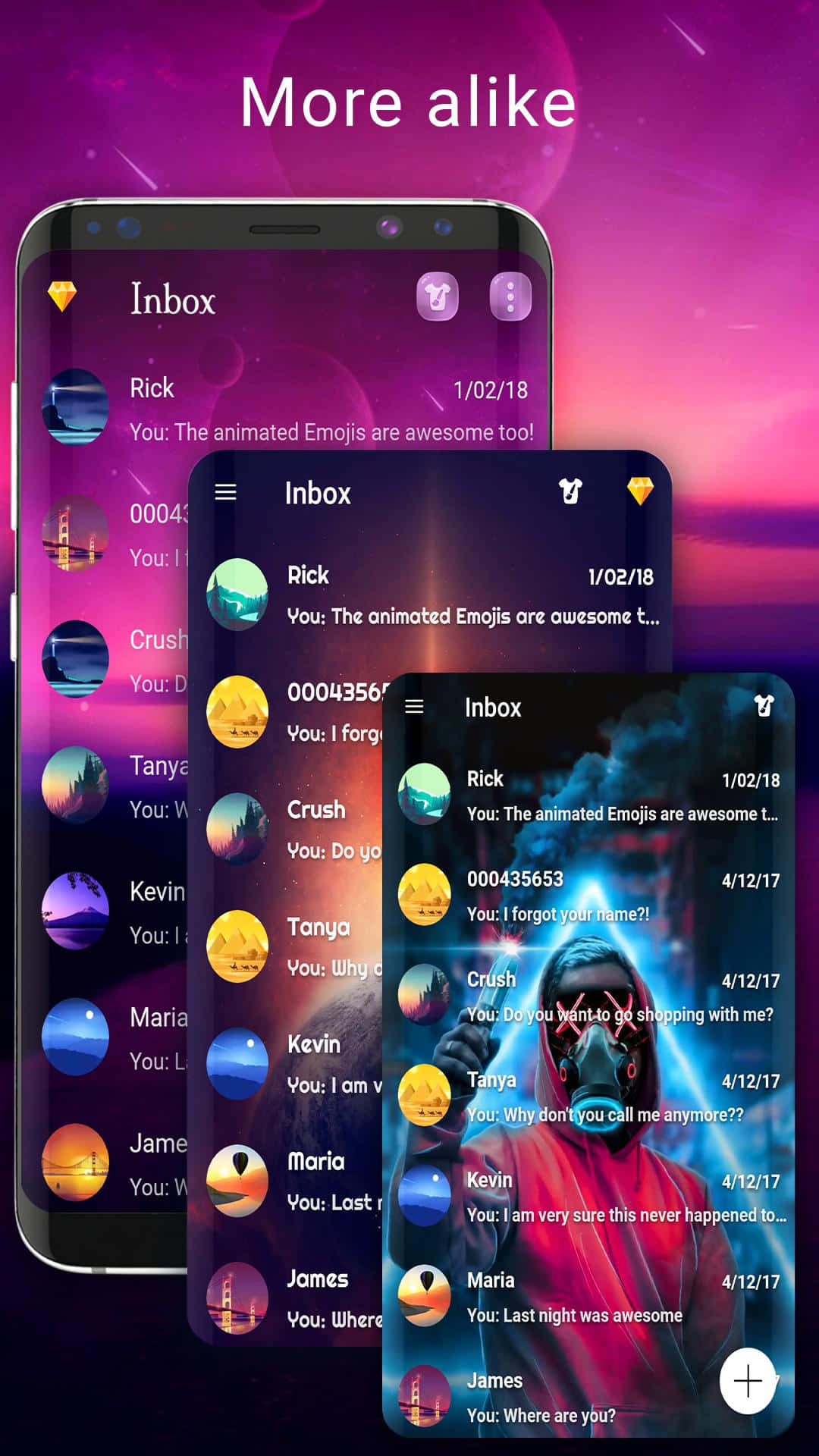 三個分層的電話屏幕在紫色宇宙背景上顯示動畫表情符號訊息。