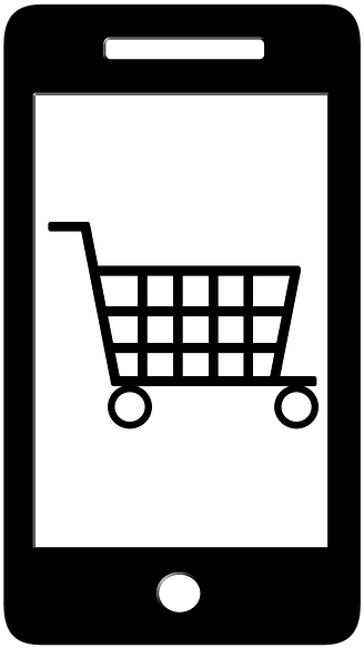 手機購物車圖示 壁紙 — 一個極簡的黑白購物車圖標顯示在智能手機屏幕上。