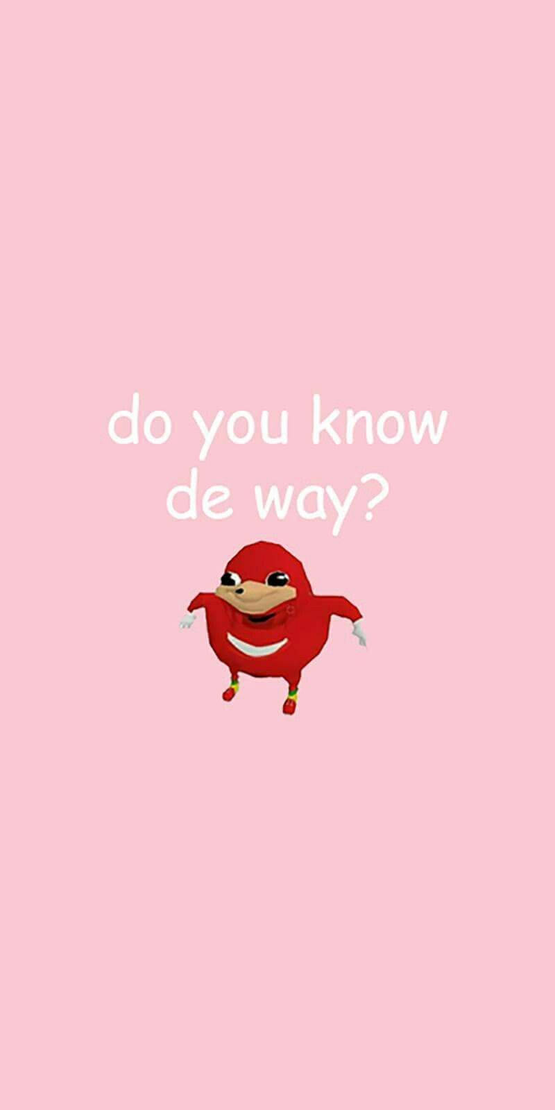 紅色卡通角色，粉紅色背景上寫著「do you know de way？」