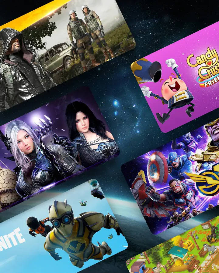 在繁星背景中漂浮的遊戲封面，包含 Fortnite、Candy Crush 及其他熱門遊戲的角色。