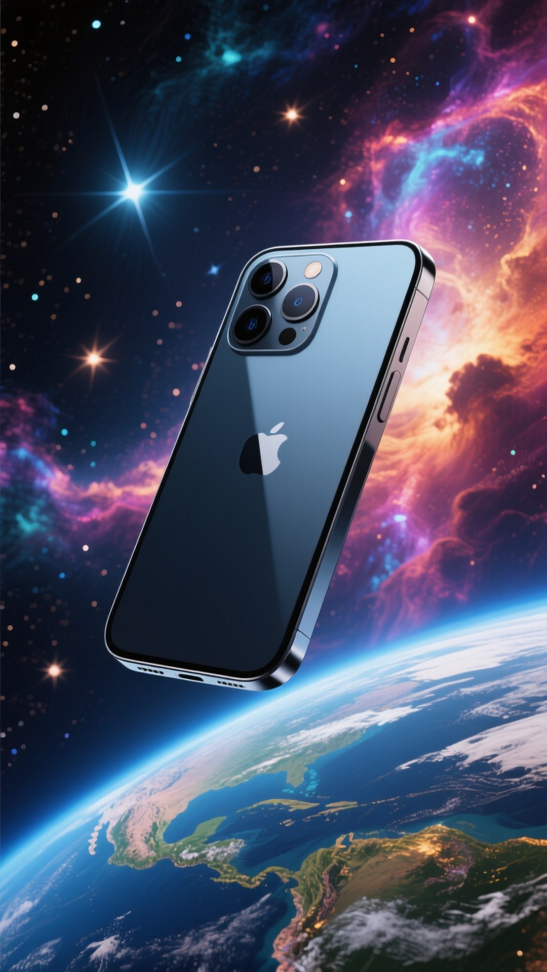 藍色iPhone漂浮在地球上空，背景有色彩繽紛的星雲和星星。