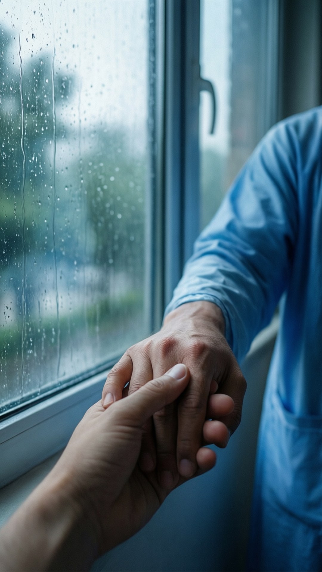 一隻手在雨窗旁握住另一隻手以尋求安慰。