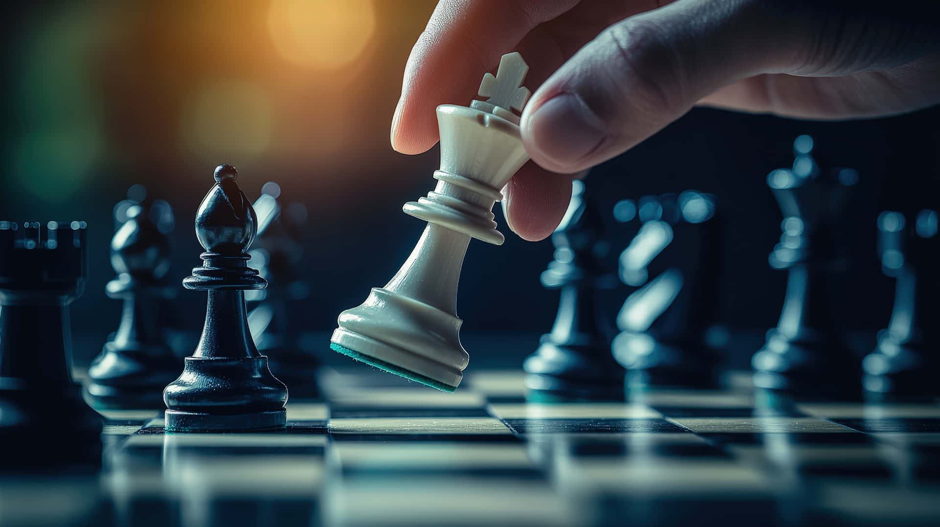 手將白色國際象棋王舉起在棋盤上方，黑色棋子聚焦。