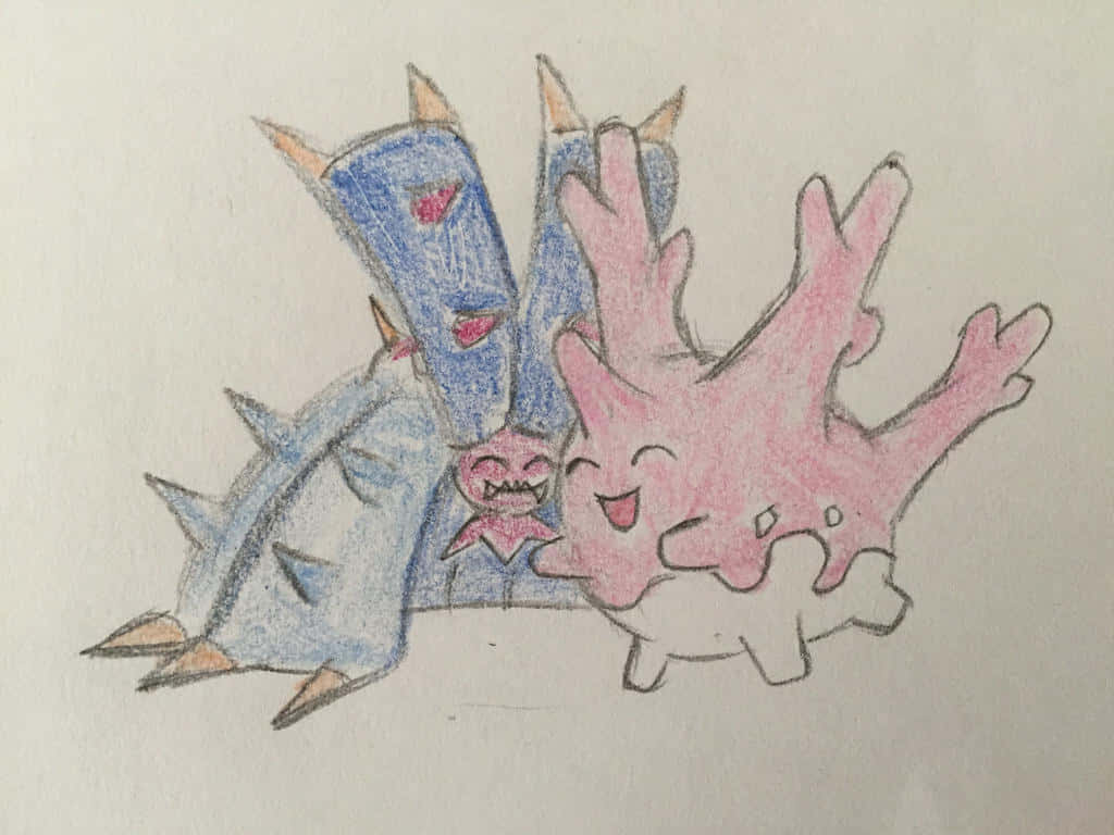 手繪 Toxapex 與 Corsola 壁紙 — 一張快樂的手繪草圖，描繪兩隻卡通風格的小精靈——一隻藍色有刺，一隻粉紅色像珊瑚——在普通紙上微笑擁抱。
