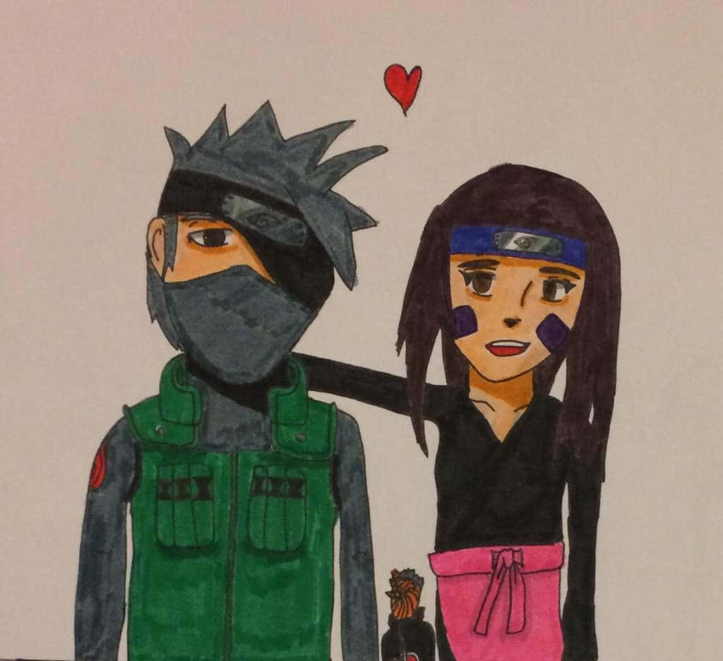 Kakashi And Rin 桌布 壁紙 — 手繪動漫情侶，上方有一顆紅色心形，一人穿綠色背心和面具，另一人穿黑色配粉紅色褲子。