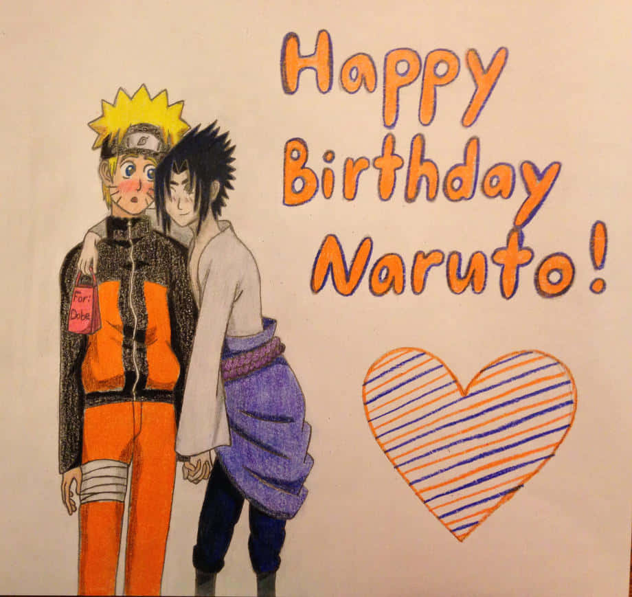 Funny Naruto 桌布 壁紙 — 手繪動漫角色鳴人和佐助站在一起，帶有彩色心形和「Happy Birthday Naruto!」文字。