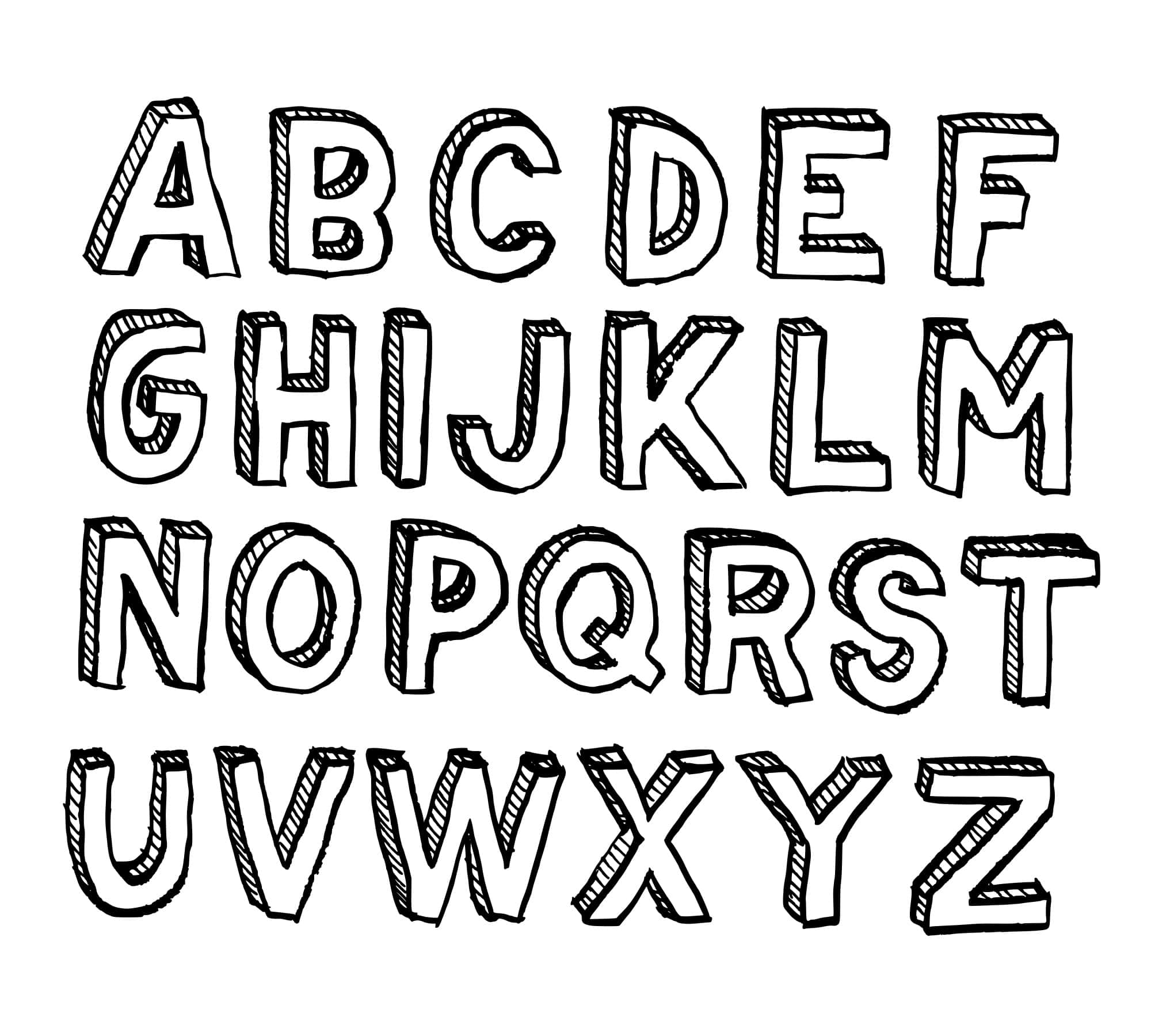 Black And White Letter 桌布 壁紙 — 手繪字母，採用粗體3D風格，在純白背景上帶有陰影線條。