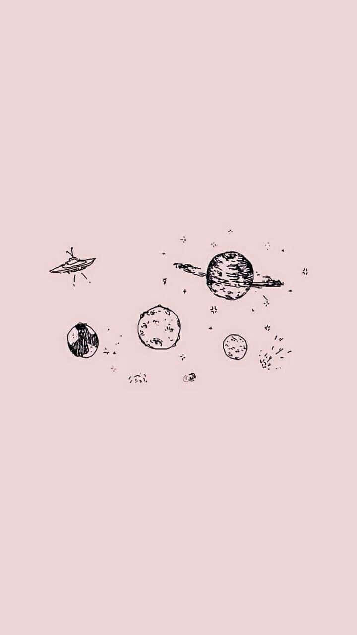 Edgy Aesthetic 桌布 壁紙 — 手繪宇宙場景，行星、小行星和UFO漂浮在柔和粉紅色背景上。