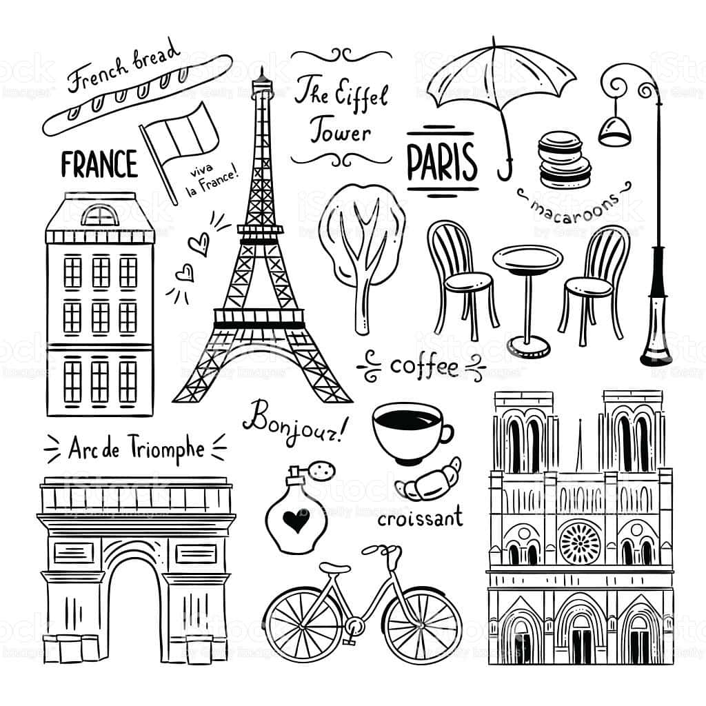 french 桌布 壁紙 — 手繪黑白塗鴉，描繪巴黎標誌性建築如艾菲爾鐵塔、聖母院和牛角包，並附有法文文字。