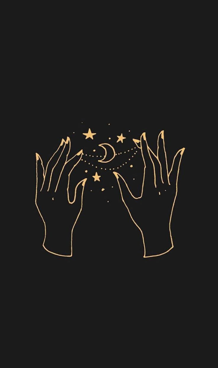 兩隻金色輪廓的手在黑色上捧著一彎新月和星星。