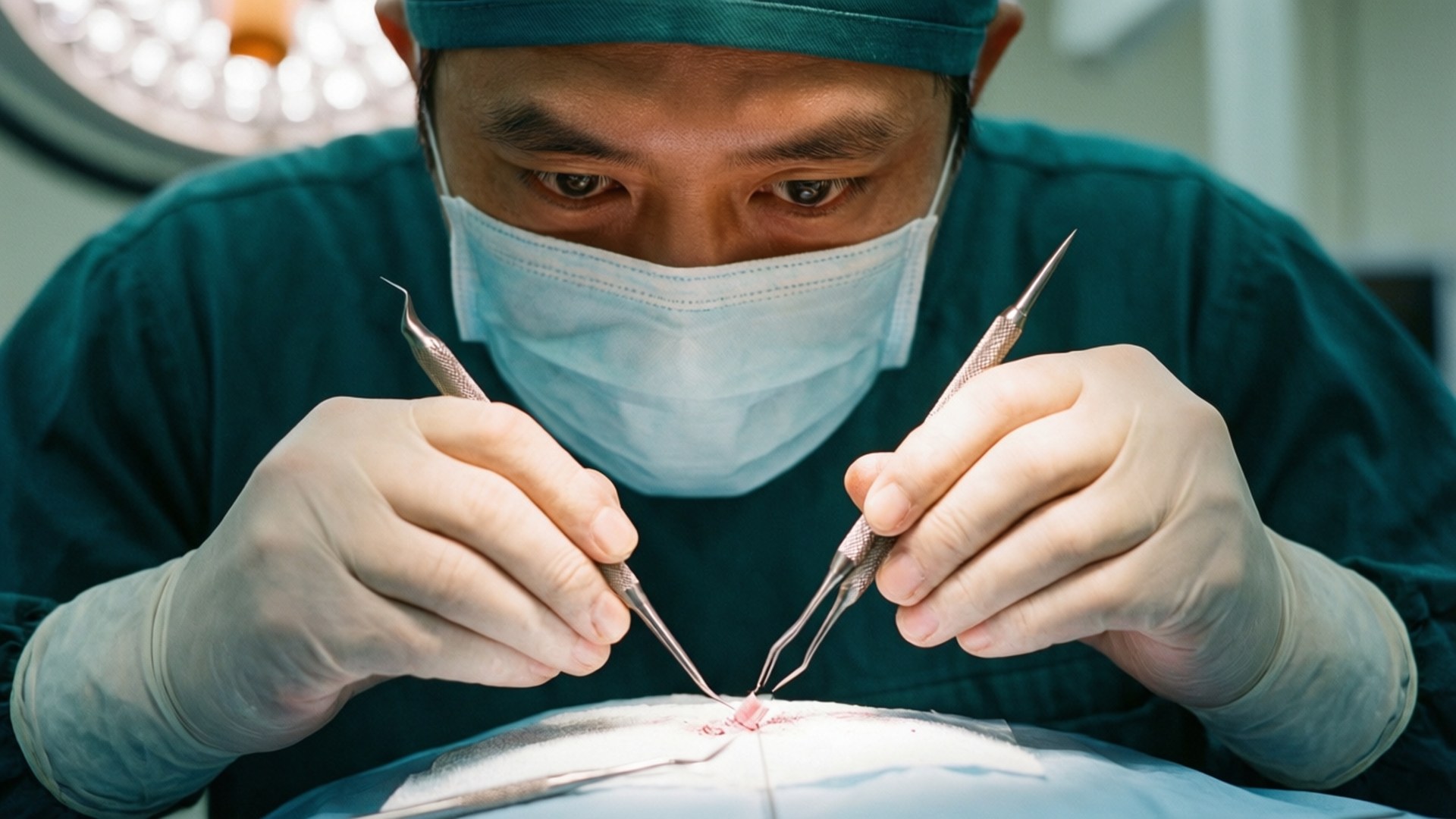 外科醫生在明亮燈光下用鑷子進行手術。