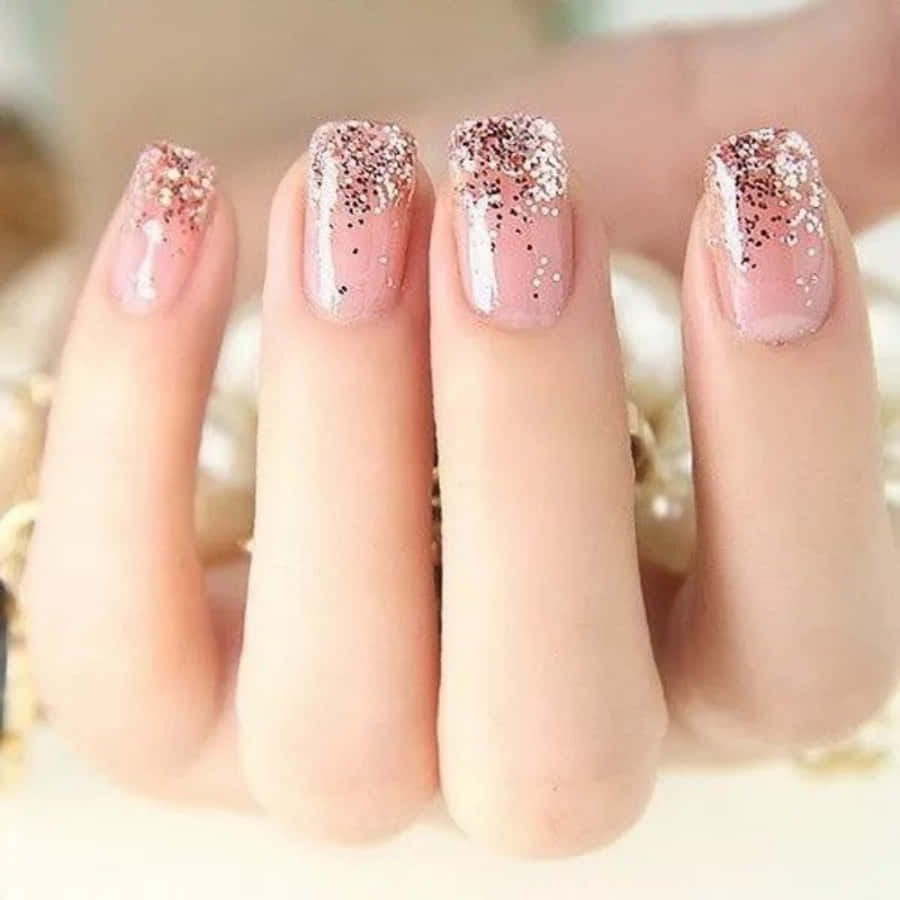 Pink Nail Art 桌布 壁紙 — 手部特寫，帶有粉紅色閃粉指甲和珍珠首飾，背景柔和模糊。