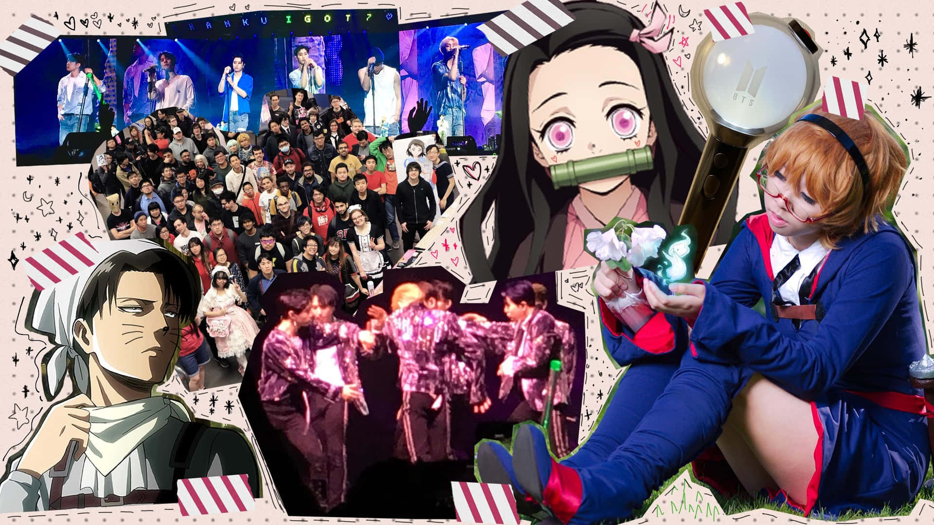 才華洋溢的K-pop偶像登台演出 壁紙 — 一個充滿活力的拼貼畫，包含動漫角色、現場音樂會人群、Cosplay粉絲和舞台燈光。