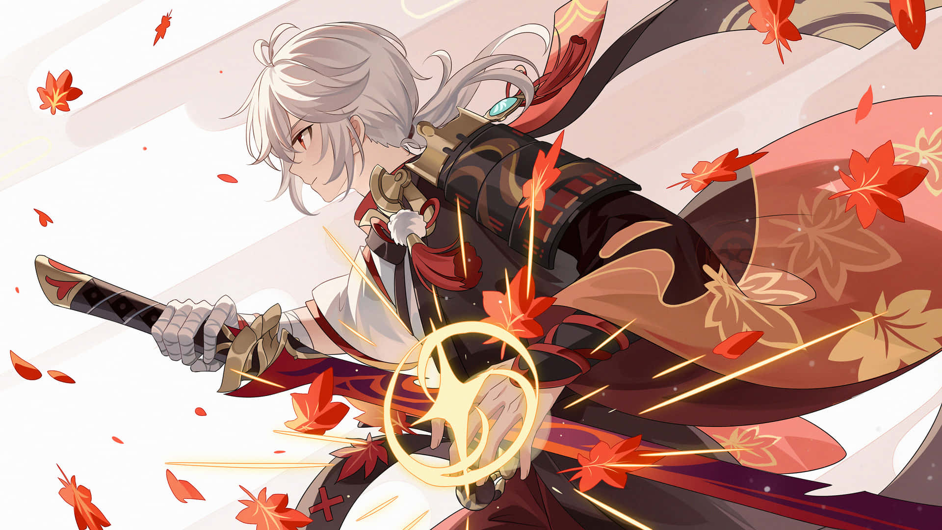 動漫武士戰士揮劍劃過飄落的紅楓葉。