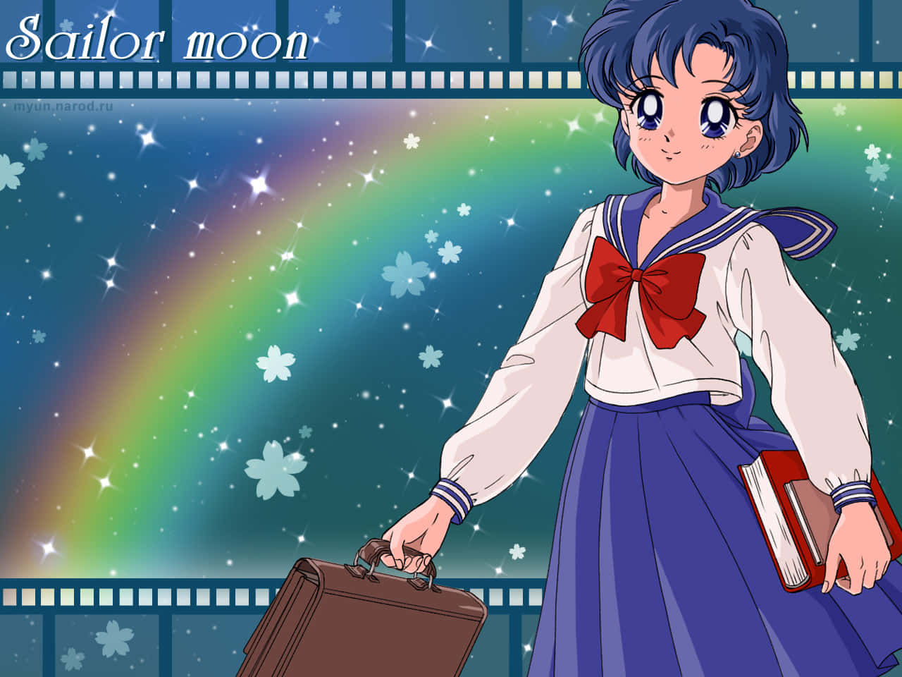 穿著水手服的動漫角色在星空彩虹下拿著書本和行李箱。