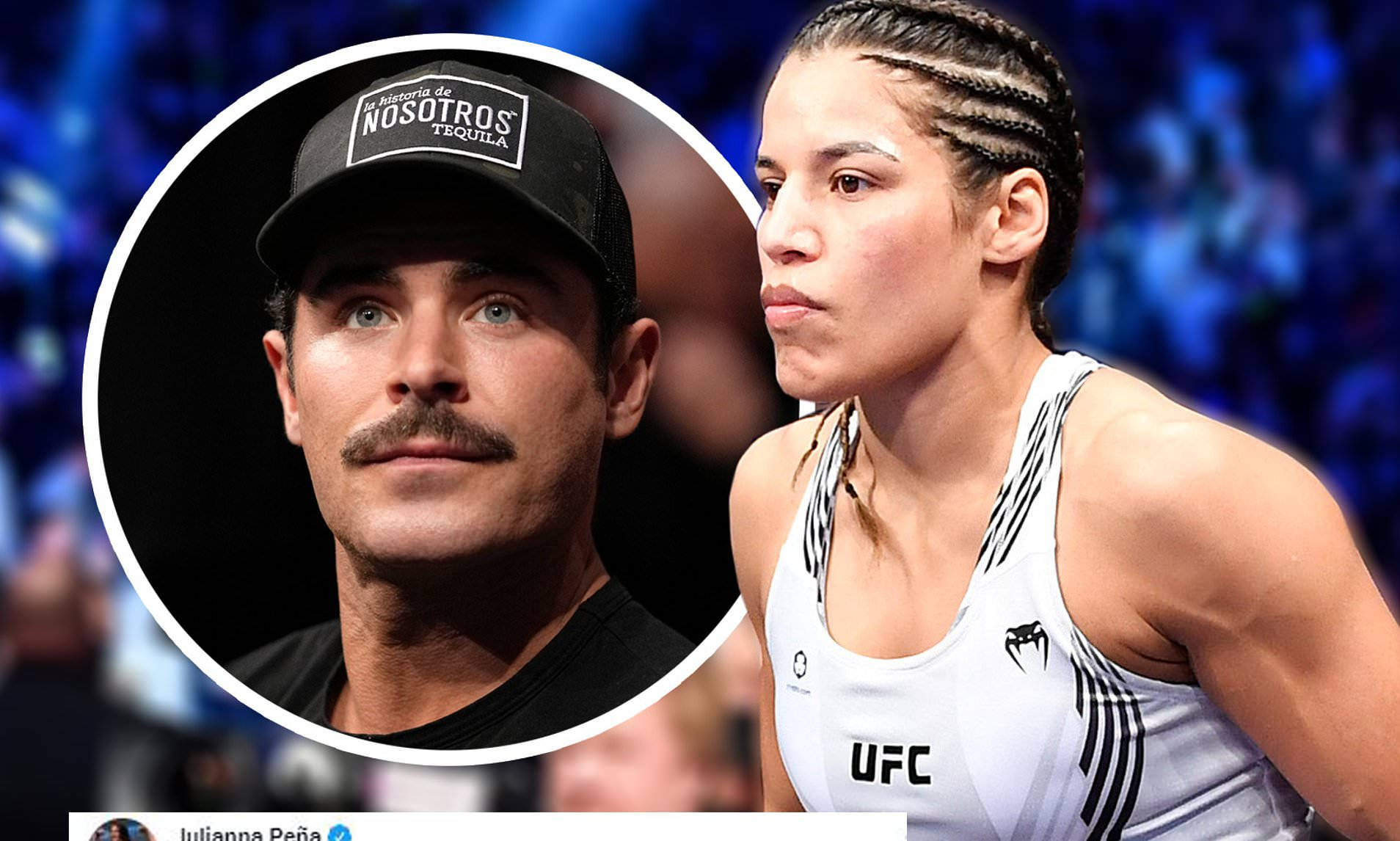 扎克·埃夫隆凝視茱莉安娜·佩納 壁紙 — 一位專注的女性UFC拳手身穿白色裝備，站在一個圓形嵌入圖像旁，圖中是一名戴著品牌帽子的男子，背景是模糊的藍色競技場。