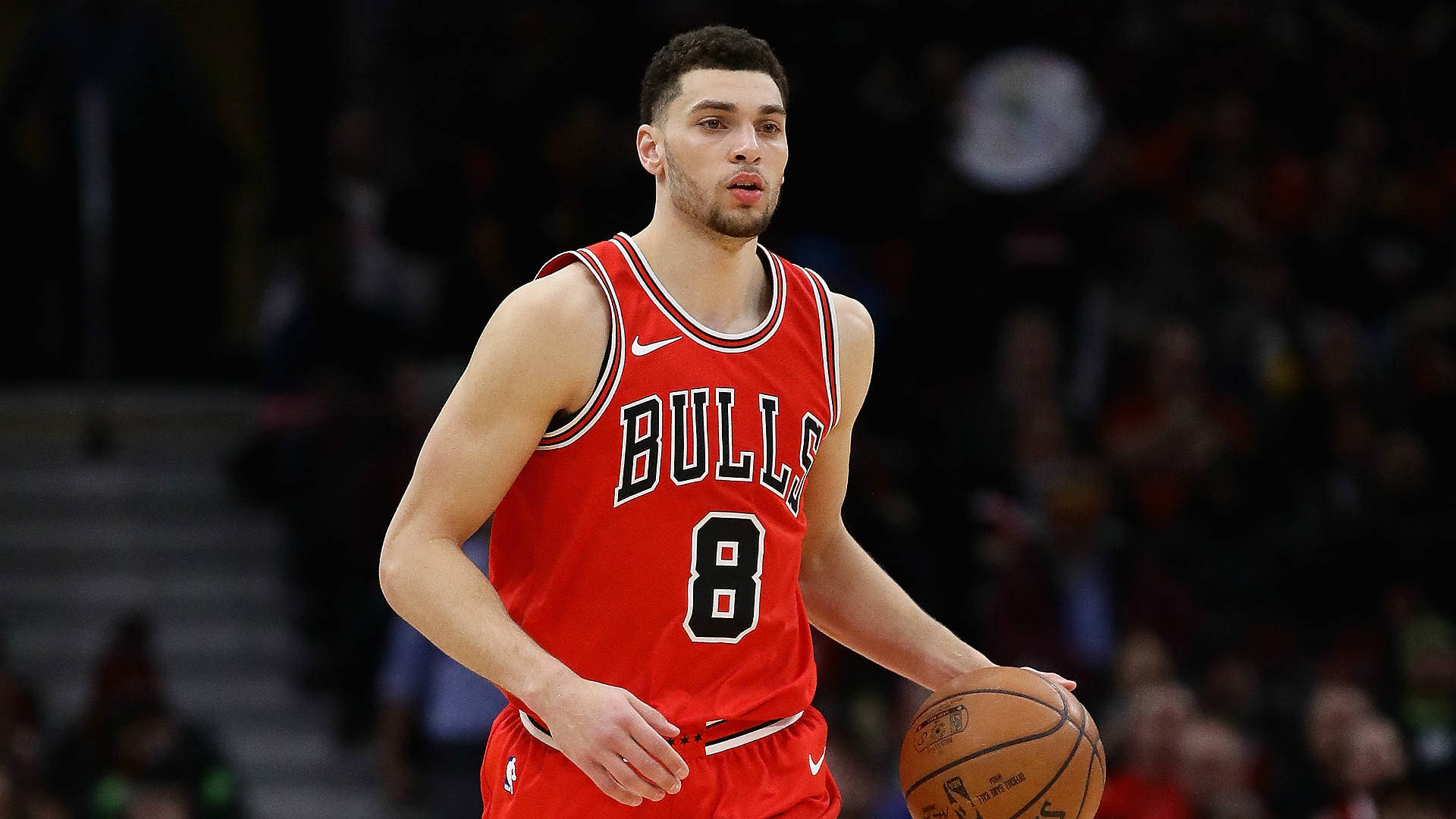 扎克·拉文：冉冉升起的NBA精英球星 壁紙 — 一位專注的籃球運動員穿著紅色公牛隊球衣，在明亮的場館燈光下於激烈的比賽中運球。