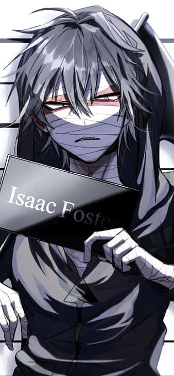 動漫角色Isaac Foster表情嚴肅地舉著牌子。