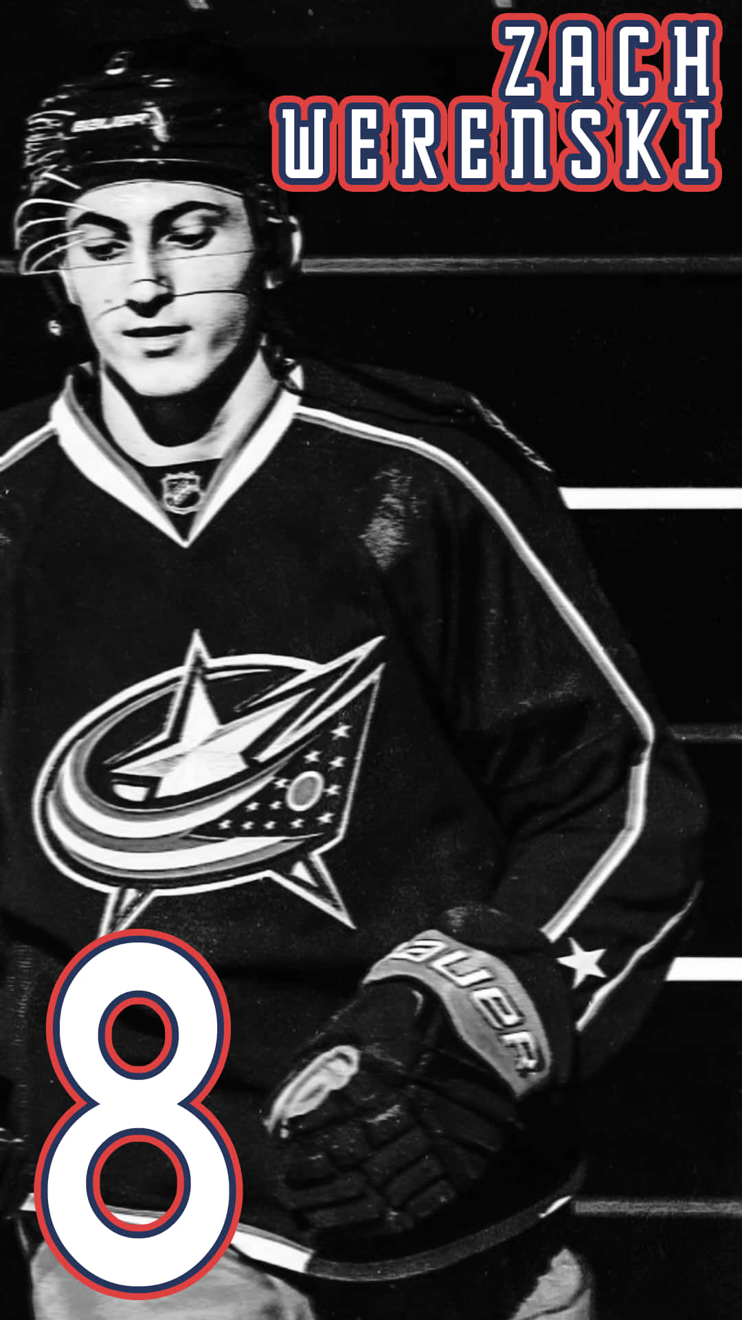 冰球運動員 Zach Werenski 身穿黑白球衣，號碼 8