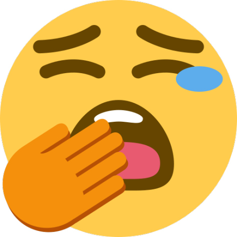 打哈欠臉部表情符號 壁紙 — 一個黃色表情符號臉張大嘴打呵欠，一隻眼睛閉著，一滴藍色眼淚順著臉頰流下，同時用橙色手遮住嘴巴。